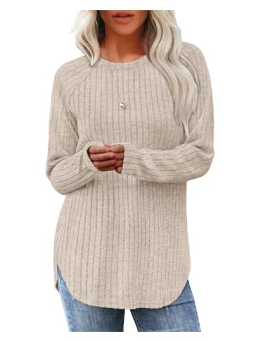 Saloogoe Women's Long Sleeve Tunic Top Loose Fit Crewneck Pullover Curved Hem